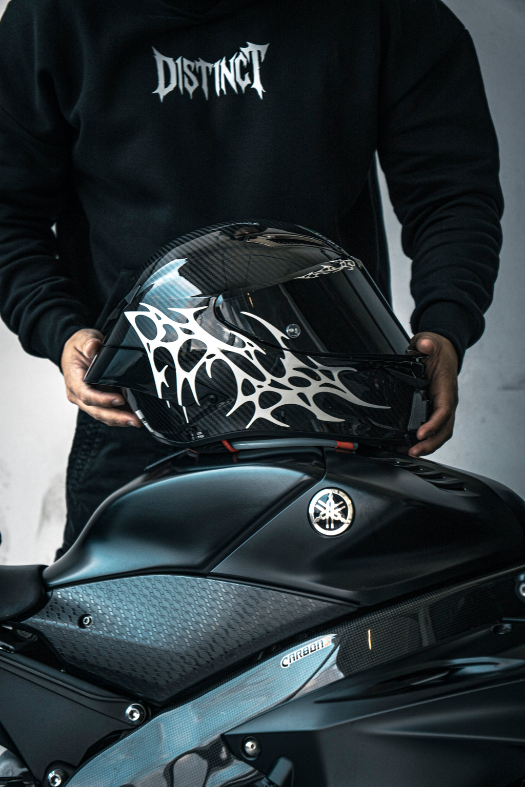 Aggressive dark luxury motorcycle helmet sticker design in white reflectant - DISTINCT 444