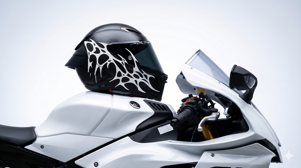 Aggressive dark luxury motorcycle helmet sticker design - DISTINCT 444