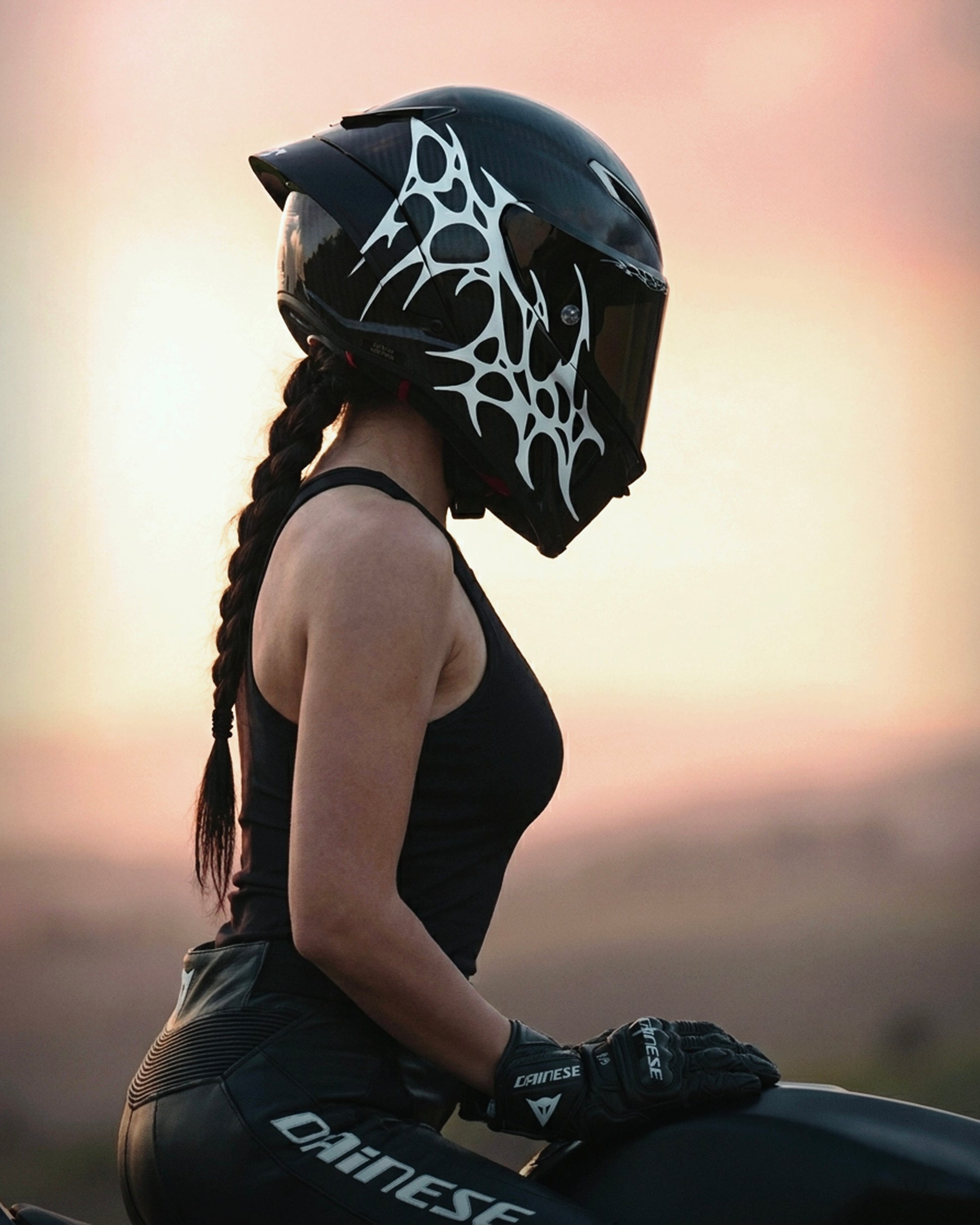 Aggressive dark luxury motorcycle helmet sticker design in white gloss vinyl - DISTINCT 444