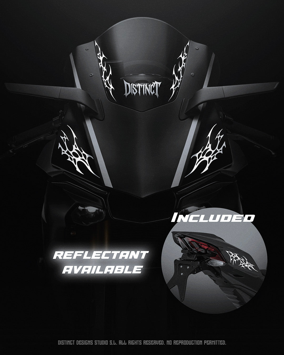 Aggressive dark luxury motorcycle windshield sticker design - DISTINCT 444